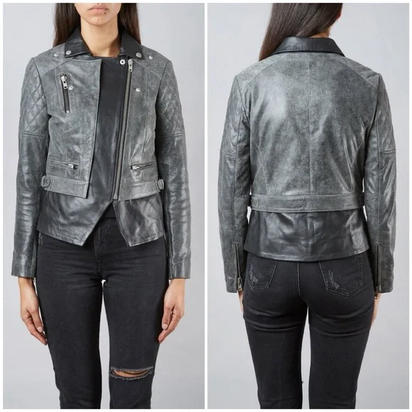 Muubaa Crackle Black Lamb Leather Biker Motorcycle Jacket Quilted Zip Up 6 - Picture 3 of 16